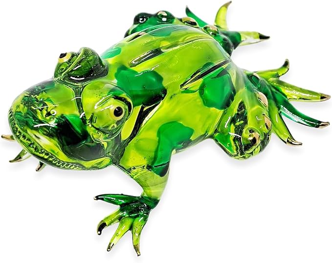 WitnyStore Tiny 3⅝" Green Patched Frog Figurine - Miniature Hand Blown Painted Glass Poison Dart Frogs Toad Amphibian Animals Colorful Small Crystal Replica Decorative Collectible Figures Décor Gifts