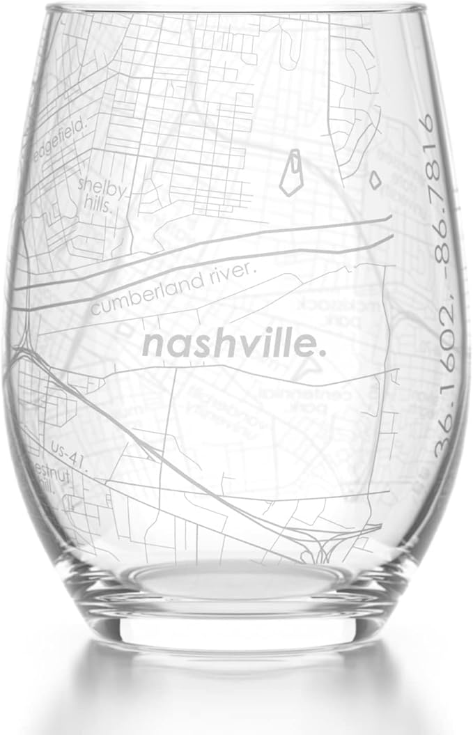 Well Told Engraved Nashville Tennessee Map Stemless Wine Glass, Etched Glassware (15 oz, Clear) City Map Gift, Custom Barware, Gifts for Wine Lovers