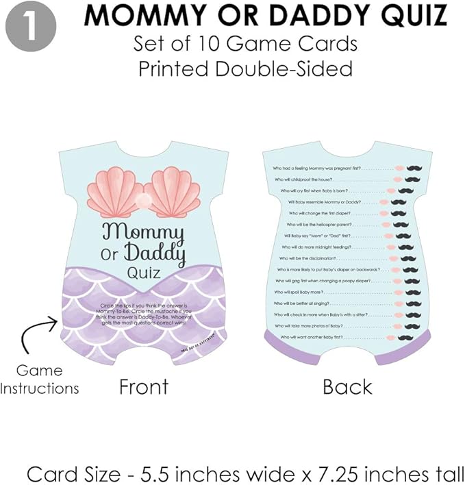 Big Dot of Happiness Let’s Be Mermaids - 4 Baby Shower Games - 10 Cards Each - Who Knows Mommy Best, Mommy or Daddy Quiz, What’s in Your Purse and Oh Baby - Gamerific Bundle