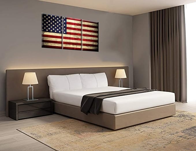 Native American Flag Pictures Star Stripes Paintings Patriotic Artwork Grunge Red Wall Art 3 Panel Prints on Canvas for Living Room Giclee House Decoration Framed Stretched Ready to Hang(60''Wx28''H)