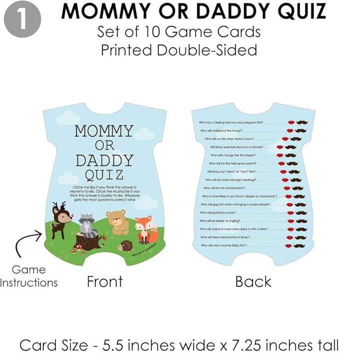 Big Dot of Happiness Woodland Creatures - 4 Baby Shower Games - 10 Cards Each - Who Knows Mommy Best, Mommy or Daddy Quiz, What’s in Your Purse and Oh Baby - Gamerific Bundle