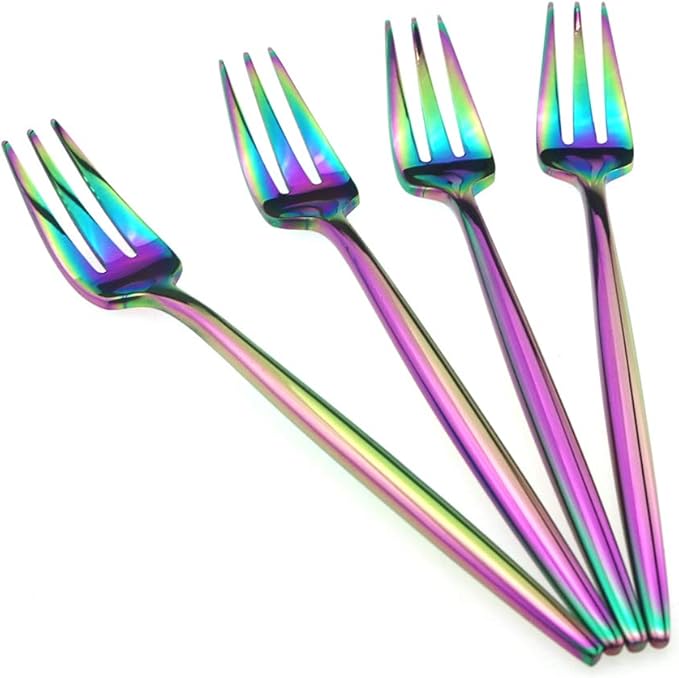 Gugrida 4-Piece Cake Fork 18/10 Stainless Steel Luxury Mirror Polished Rainbow Colorful Pie Fork Dessert Fork Silverware Flatware Cutlery