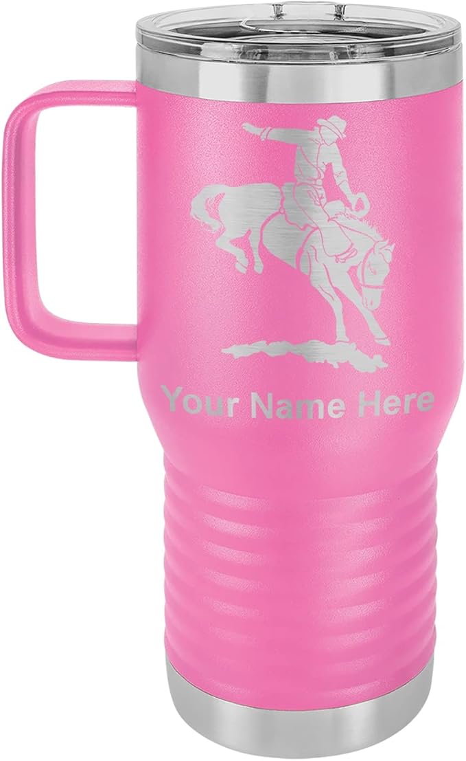 LaserGram 20oz Vacuum Insulated Travel Mug with Handle, Bronco Rider, Personalized Engraving Included (Pink)