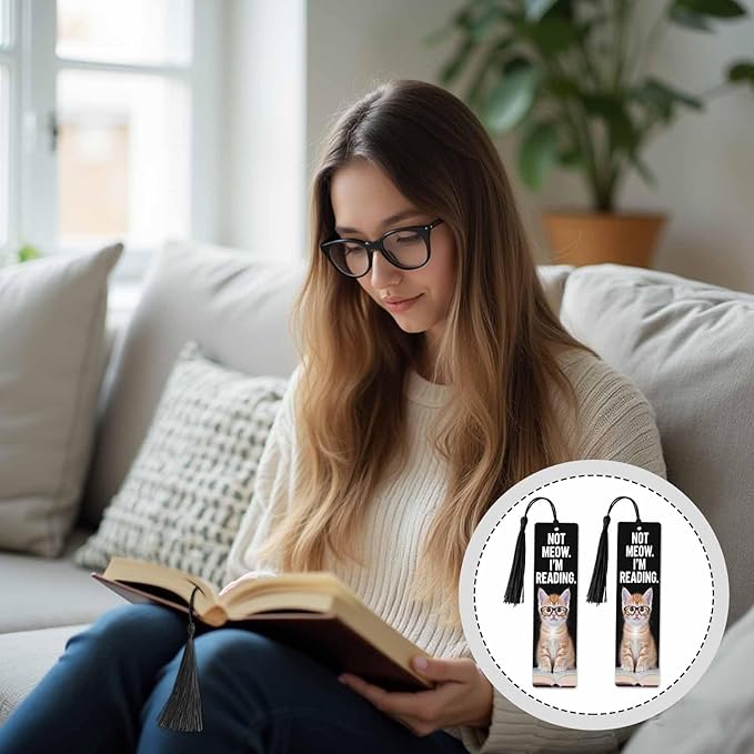 Funny Cat Bookmarks 5 Pcs Cute Animal in Glasses Black Wooden Bookmark with Tassels for Reading Book Lovers Gift Office School Readers Teacher