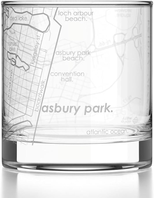 Well Told Engraved Asbury Park New Jersey Map Rocks Glass, Old Fashioned Glassware (11 oz, Clear) Etched Bourbon Tumbler, Gifts For Whiskey Lovers