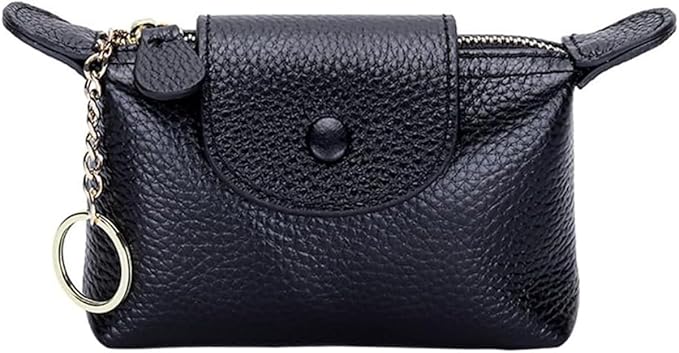 Genuine Leather Wallet Zipper Coin Purse Key Ring Card Organizer Compact Storage for Women (Black)