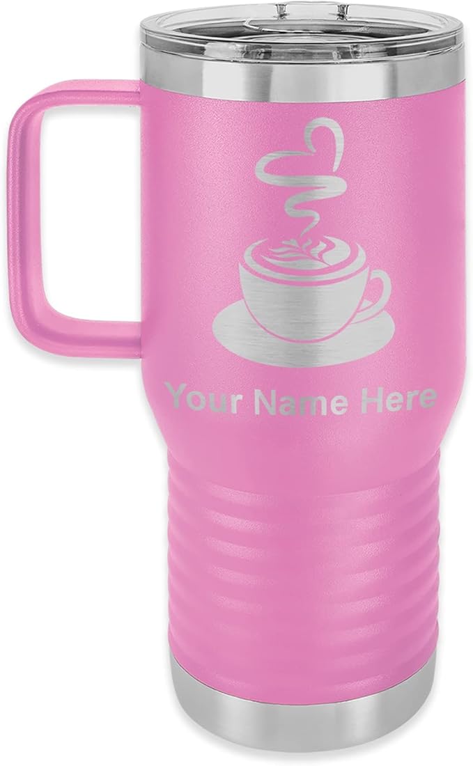 LaserGram 20oz Vacuum Insulated Travel Mug with Handle, Cup of Coffee, Personalized Engraving Included (Light Purple)