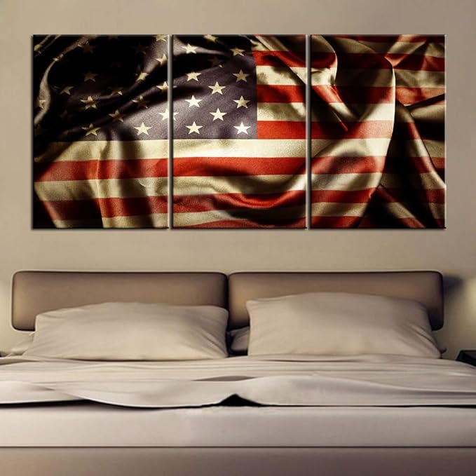 Patriotic Pictures Native American Flag Painting Thin Blue Red Line Artwork 3 Panel Canvas Wall Art for Living Room Home Modern Decor Giclee Wooden Framed Ready to Hang Posters and Prints(48''Wx24''H)