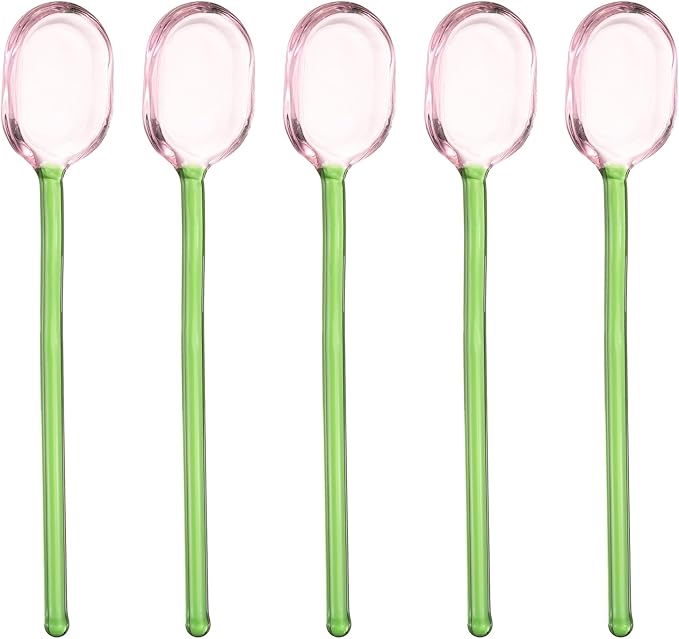 uxcell 5 Pcs Glass Coffee Spoons, 6.2 Inch Coffee Stirring Spoon, Long Handle Teaspoons for Tea Cocktail Milkshake Cold Drink, Green