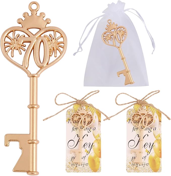 70 Birthday Party Favors Key Bottle Opener, 70th Beer Opener Keychain Favors for Guest with Organza Bags and Tags,Beer Keychain Bottle Openers for Birthday Party Decoration Supplies (gold-70)