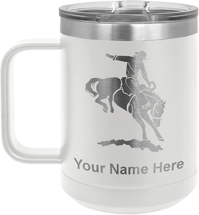 LaserGram 15oz Vacuum Insulated Coffee Mug, Bronco Rider, Personalized Engraving Included (White)