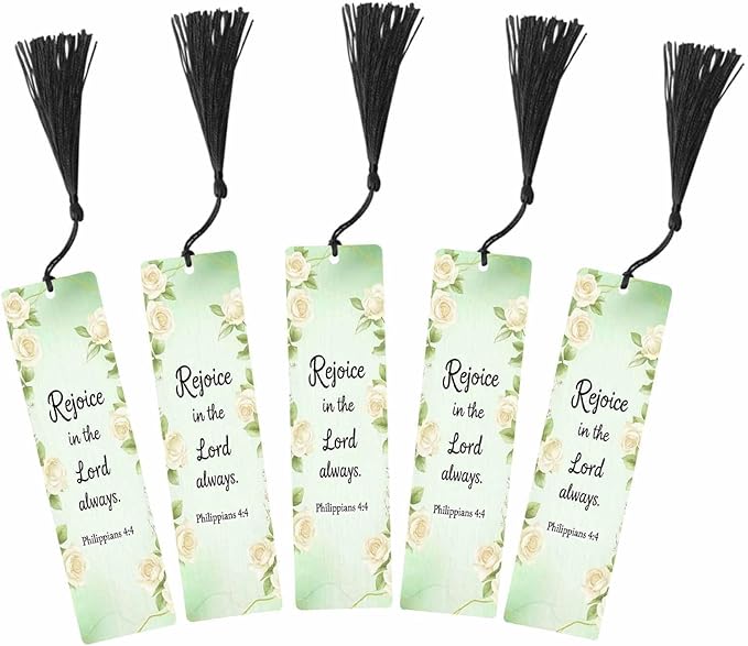White Flowers Bookmarks 5 Pcs with Tassels Rejoice Bible Word Green Wooden Bookmarks for Reading Women Students Teacher Reader