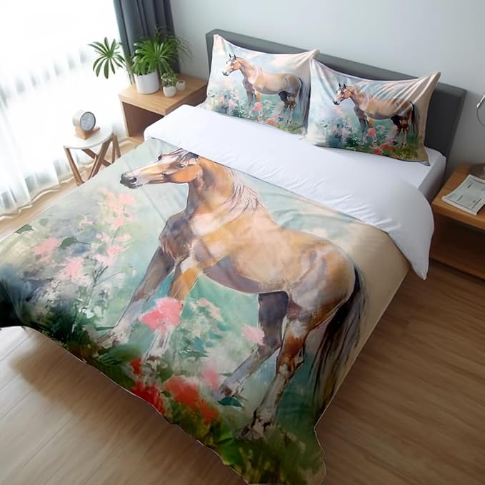 Girls Horse Comforter Sets Queen Size,Retro Floral Bedding Wild Animal Galloping Horse Quilt Sets for Kids Teens 3 Pieces Sets with Pillowcases Bedroom Decor