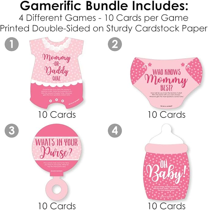 Big Dot of Happiness Baby Girl - 4 Pink Baby Shower Games - 10 Cards Each - Who Knows Mommy Best, Mommy or Daddy Quiz, What’s in Your Purse and Oh Baby - Gamerific Bundle