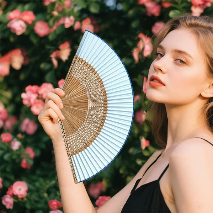 Hand Fan for Vintage Japanese Bamboo Silk Elegant for Dance Music Festival Wedding Church Decoration Party (Blue, Medium)