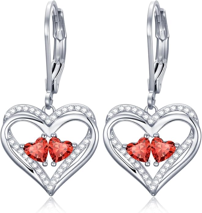 Heart Leverback Earrings Double Birthstone Dangle Earrings for Women, Love Jewelry for Her, Christmas Gifts for Women, Anniversary Birthday Gift for Mom Wife Girlfriend