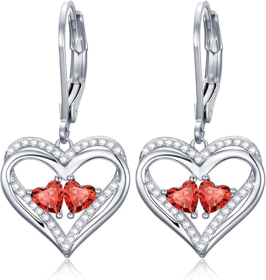 Heart Leverback Earrings Double Birthstone Dangle Earrings for Women, Love Jewelry for Her, Christmas Gifts for Women, Anniversary Birthday Gift for Mom Wife Girlfriend