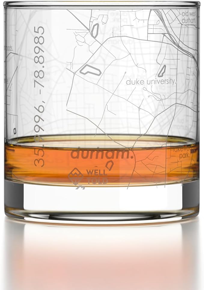 Well Told Engraved Durham North Carolina Map Rocks Glass, Old Fashioned Glassware (11 oz, Clear) Etched Bourbon Tumbler, Gifts For Whiskey Lovers