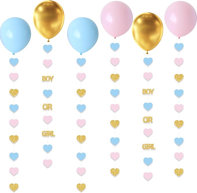 Boy or Girl Gender Reveal Decorations 6PC Pink Blue Gold Hear Garland Balloon Tails for Baby Shower Decor