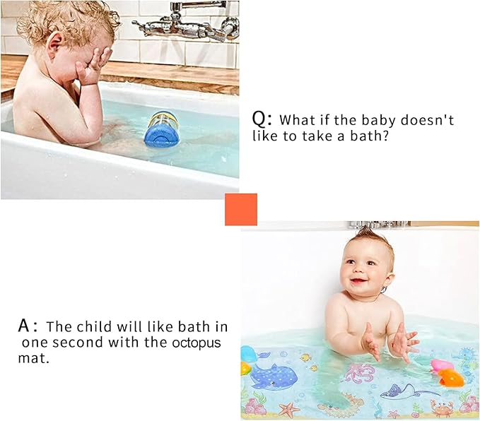 Bath Mat for Tub Non Slip, Machine Washable Anti Slip Cartoon Baby Bathtub Shower Mat with Drain Holes and Suction Cups for Toddler & Kids, 40 Inch x 16 Inch-Rectangular, Pink Octopus