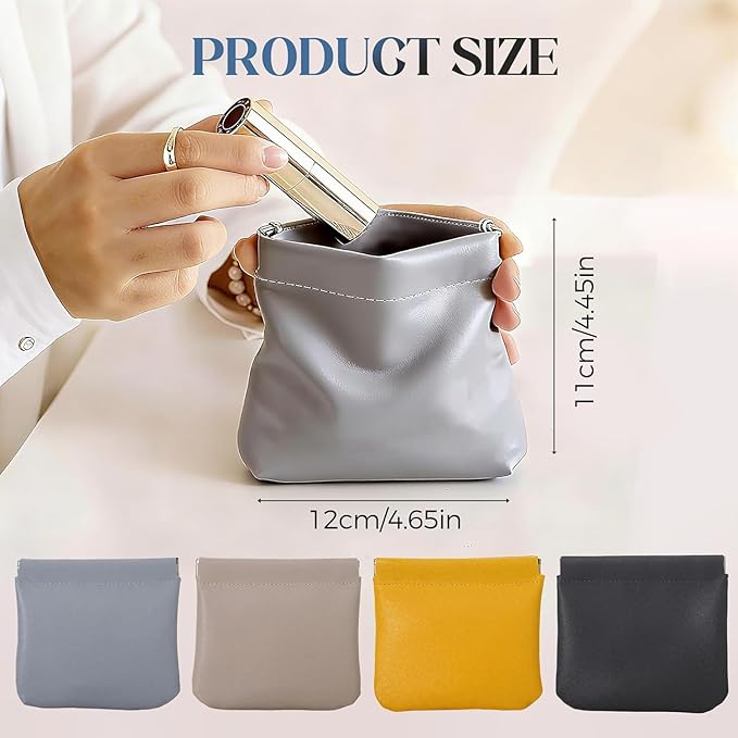 4PCS Leather Pouch, 2026 New Snap Closure Leather Organizer Pouch Self-Closing Mini Cosmetic Bag for Purse, Jewelry Eyeglasses Travel Accessories