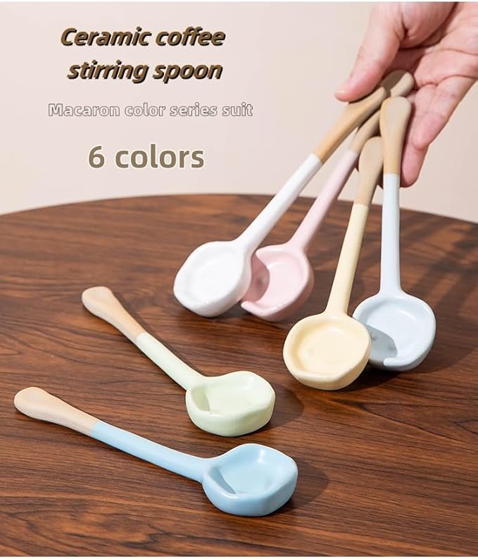 6-PCS set - Ceramic Vintage Afternoon Tea, Coffee Whisk, 6-color handmade coffee spoon set, long-handled household spoons, mini spoons for desserts, teaspoons, 5.9 * 1.5in (15 * 4cm))