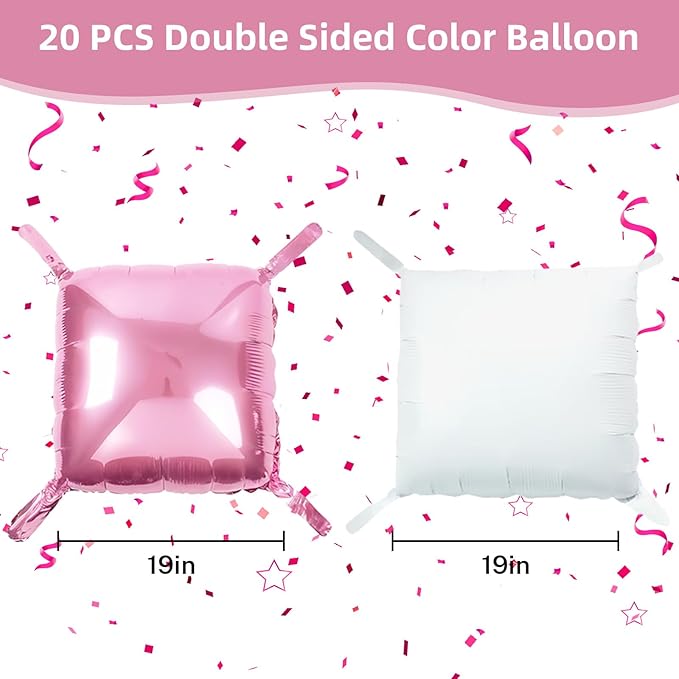 Pink and White Square Balloon, 20 PCS Double Sided Foil Balloons Wall Flat Square Balloon Backdrop for Girls Coquette Birthday Decoration Bridal Baby Shower Party Decoration