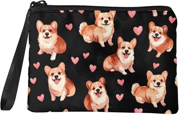 Dolyues Womens Coin Purse Zipper & Wrist Strap Wallets, Corgi and Love Printed Canvas Change Pouch for Women Girls, Organizer Purses Wallet for Coins/Card