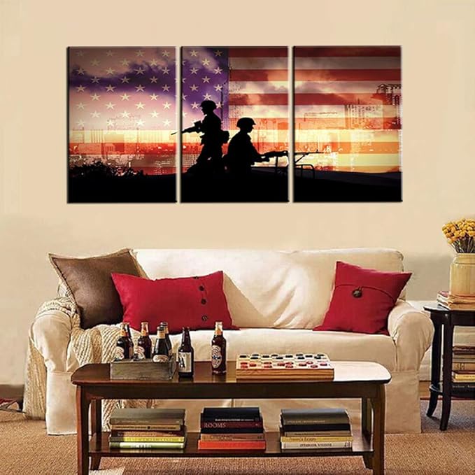 Native America Flags Paintings Patriotic Wall Picture for Living Room White Red Stripes Wall Art Modern House Decorations Canvas Prints Artwork Wooden Framed Gallery-Wrapped Ready to Hang(48''Wx24''H)