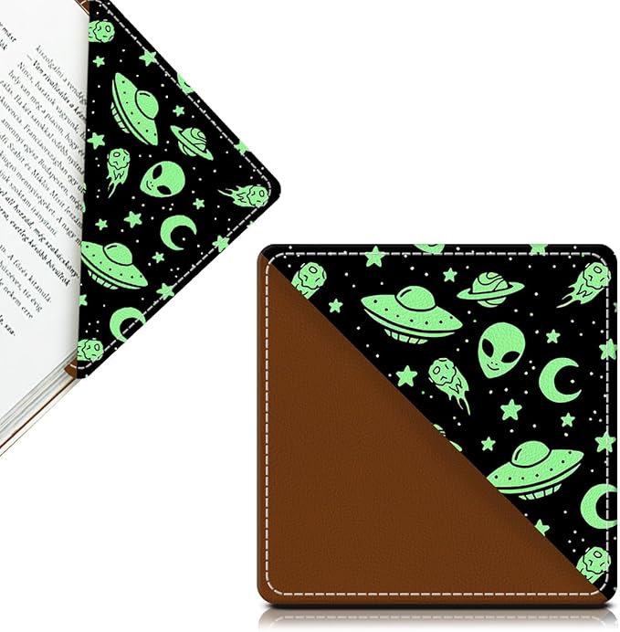 Cute Leather Bookmarks, Fun Triangle Making Corner Bookmark, Book Accessories for Reading Book Lovers, Unbreakable Page Markers for Women Men Cute Green Alien