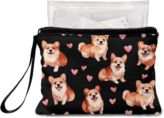 Dolyues Womens Coin Purse Zipper & Wrist Strap Wallets, Corgi and Love Printed Canvas Change Pouch for Women Girls, Organizer Purses Wallet for Coins/Card