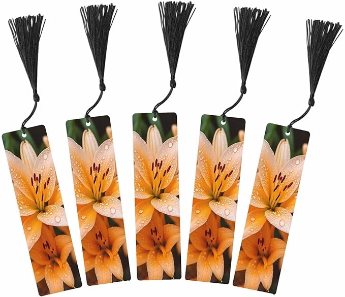 Lily Flowers Bookmarks 5 Pcs Fresh Orange Flower Green Leaves Water Drops Wooden Bookmark with Tassels for Reading Book Lovers Gift Office School Readers Teacher