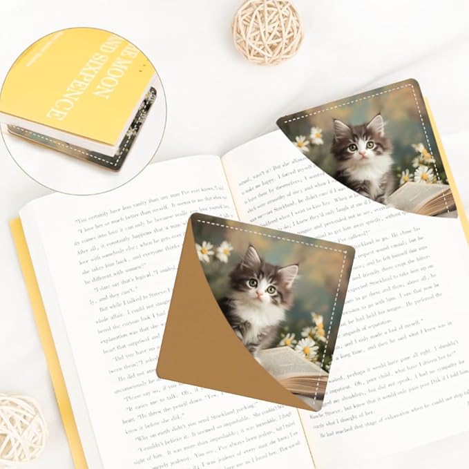 2PCS Leather Bookmarks 3.54 x 3.54 Inch Cute Gray Kitten with Flowers and Book Design Reading Accessories for Books Journals Bibles Travel Diary Students Teachers and Book Lovers Gift