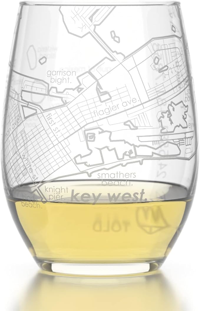 Well Told Engraved Key West Florida Map Stemless Wine Glass, Etched Glass (15 oz, Clear) City Custom Gifts for Lovers