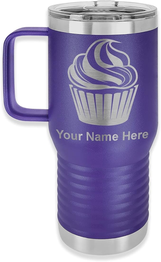 LaserGram 20oz Vacuum Insulated Travel Mug with Handle, Cup Cake, Personalized Engraving Included (Dark Purple)