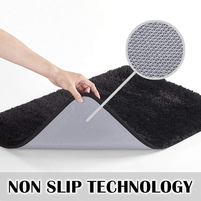 Suchtale Non Slip Bath Mat (20 x 32, Black) - Water Absorbent, Soft Microfiber Shaggy Bathroom Rug, Machine Washable, Thick Plush Shower Mat