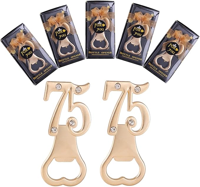Baseo 24 Pcs Black and Gold 75th Bottle Opener Set - Gold Finish Zinc Alloy Bottle Openers for 75th Birthday Party Favors, Gifts or Souvenirs