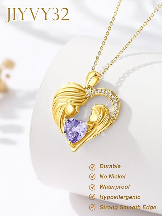 Mother and Daughter/Son Love Heart Necklace White Gold/14K Gold/Rose Gold Birthstone Jewelry Christmas Mothers Day Birthday Gifts For Mom Wife Grandma Women