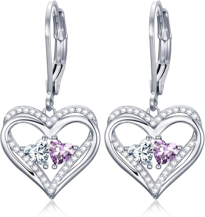 Heart Leverback Earrings Double Birthstone Dangle Earrings for Women, Love Jewelry for Her, Christmas Gifts for Women, Anniversary Birthday Gift for Mom Wife Girlfriend