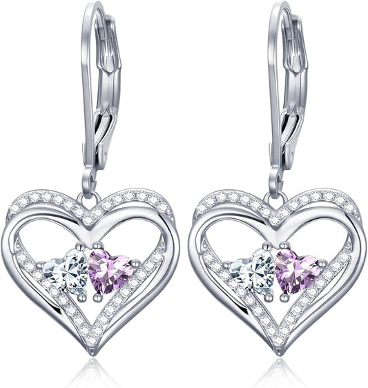 Heart Leverback Earrings Double Birthstone Dangle Earrings for Women, Love Jewelry for Her, Christmas Gifts for Women, Anniversary Birthday Gift for Mom Wife Girlfriend