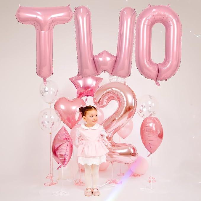 40 Inch Pastel Pink TWO Letter Balloons, Light Pink TWO Balloon Letters with Ribbon, Pearl Pink Alphabet TWO Balloon for Kid Girls 2 Year Old Birthday Second 2nd Anniversary Party Decorations