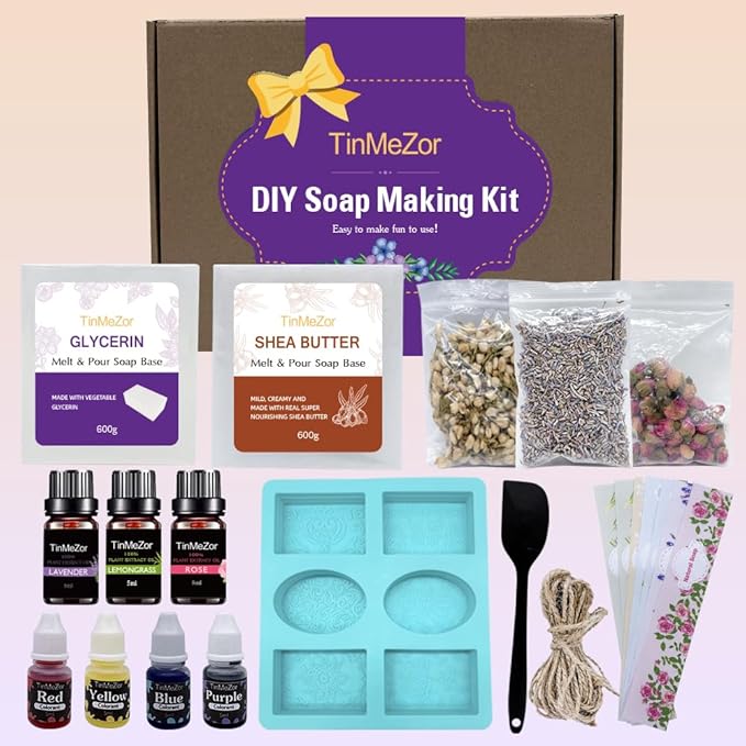 TinMeZor Soap Making Kit for Adults - DIY Natural Soap Supplies Glycerin & Shea Butter Soap Base with Soap Molds, Dried Flowers, Dye and Fragrances- DIY Craft Kit