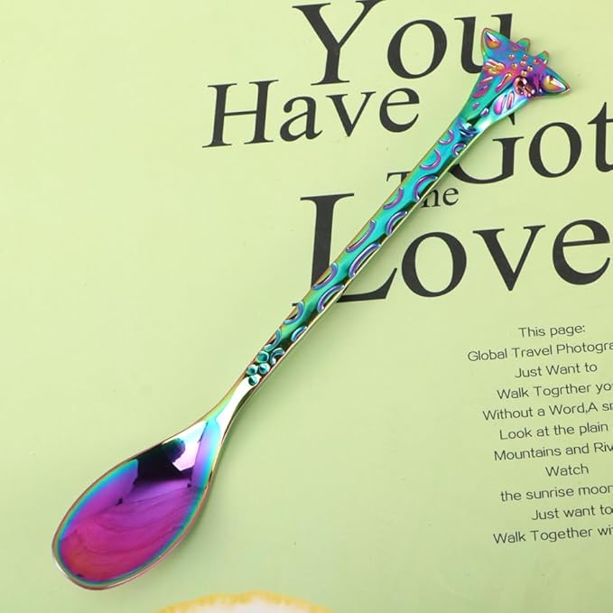 Colorful Titanium-plated Stainless Metal Animal Shape Mini Stirring Spoon Cartoon Tiny Dessert Spoon with Long Handle Rust-resistant Kitchen Tableware for Coffee and Tea