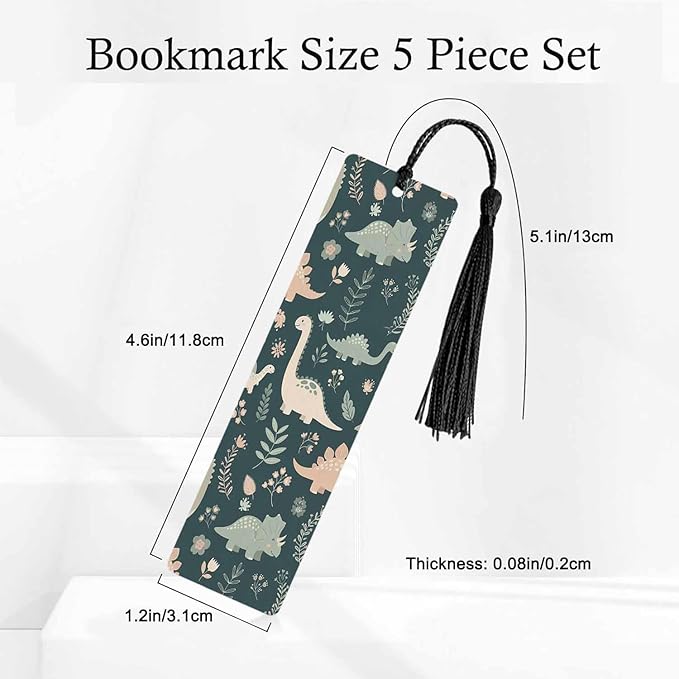 Cute Dinosaur 5 Pcs Bookmarks Tropical Leaf Flower Green Wooden Bookmarks with Tassel for Students Reader Teachers Book Lovers