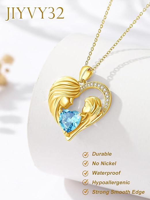 Mother and Daughter/Son Love Heart Necklace White Gold/14K Gold/Rose Gold Birthstone Jewelry Christmas Mothers Day Birthday Gifts For Mom Wife Grandma Women