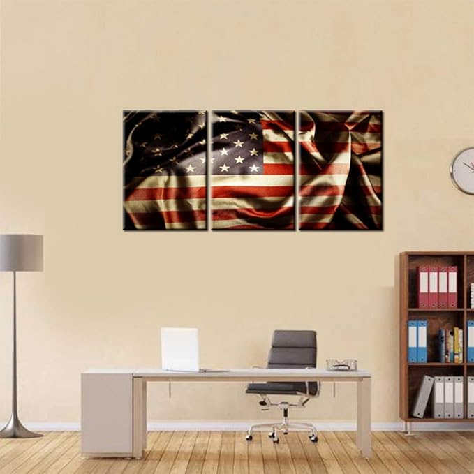 Vintage American Flag Red Pictures Patriotism Paintings Stars Stripes Artwork 3 Piece Canvas Wall Art for Living Room Giclee Home Decoration Wooen Framed Gallery-Wrapped Ready to Hang(60''Wx28''H)