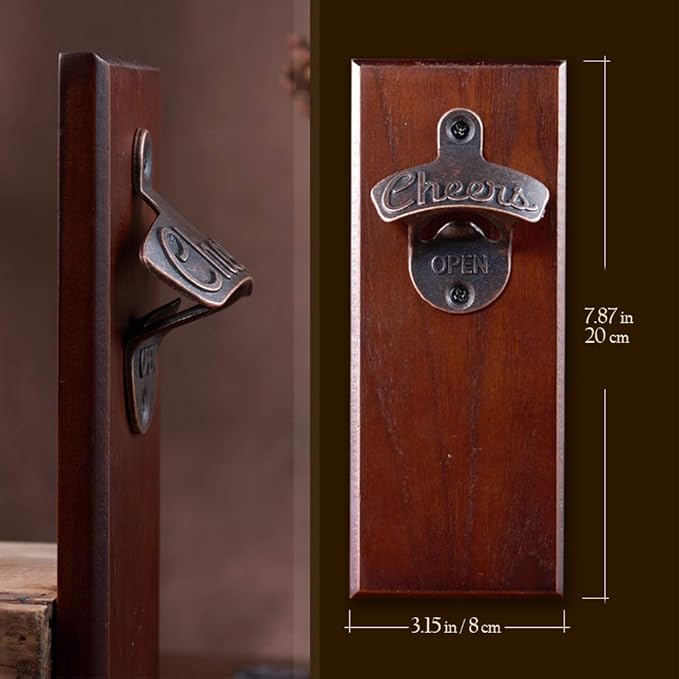 Magnetic Bottle Opener with Cap Catcher, Wooden Wall Mounted Opener, Ideal Gift for Men Dad and Beer Lovers, Use as Kitchen-Yard-Bar Decoration.