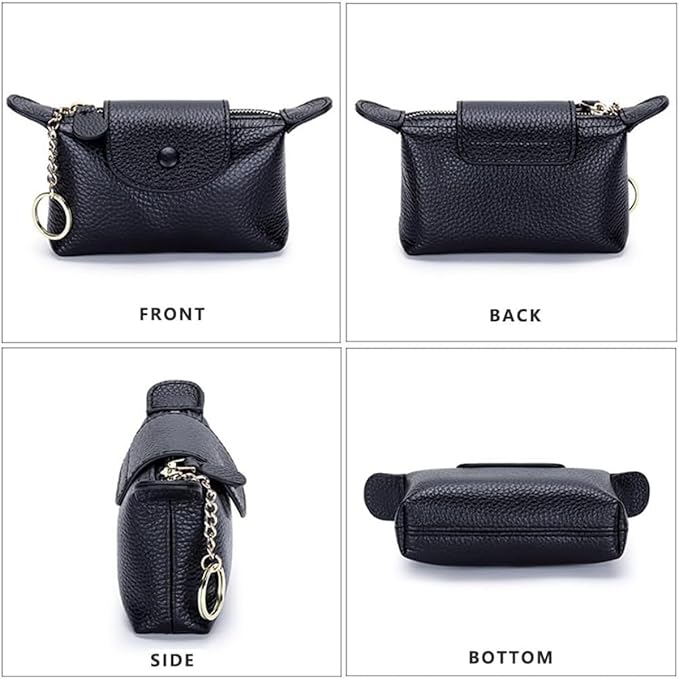 Genuine Leather Wallet Zipper Coin Purse Key Ring Card Organizer Compact Storage for Women (Black)