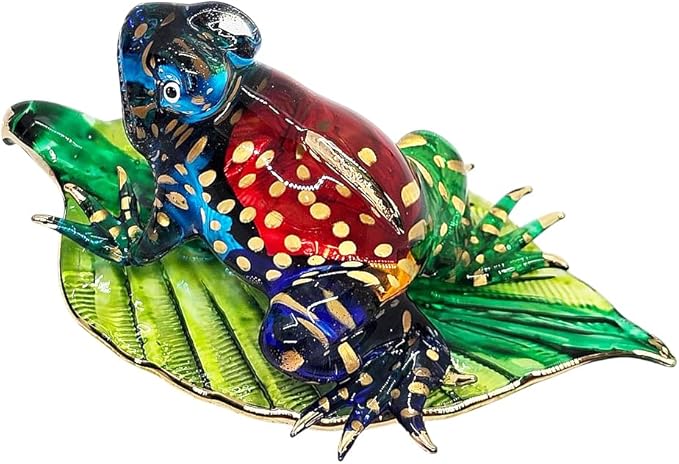 WitnyStore 3" Multicolor Gold Dot Frog on Leaf Artistic Blown Glass Figurine Premium Hand-Blown Statue Tabletop Decoration Unique Collectible for Adult Collectors Handcrafted Elegant Home Room Decor