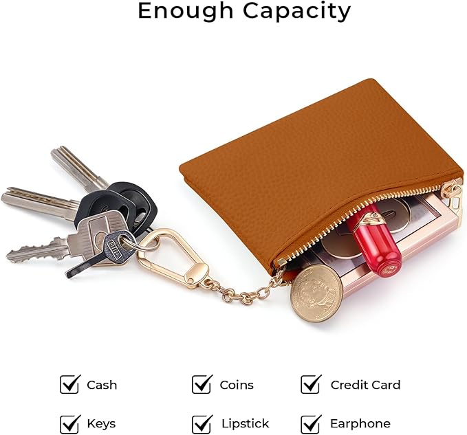 Brown Keychain Coin Purse for Women, Small PU Leather Change Pouch, Zipper Little Tiny Travel Wallet for Girls, Cute Kawaii Zip Pocket Coin Holder with Key Ring